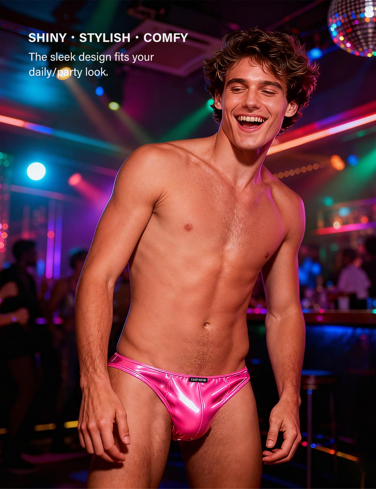 Mens Leather Thong Sexy Shiny Metallic Underwear Low Rise G-string Bikini Swimsuit Sparkly T Back,Pink,Large