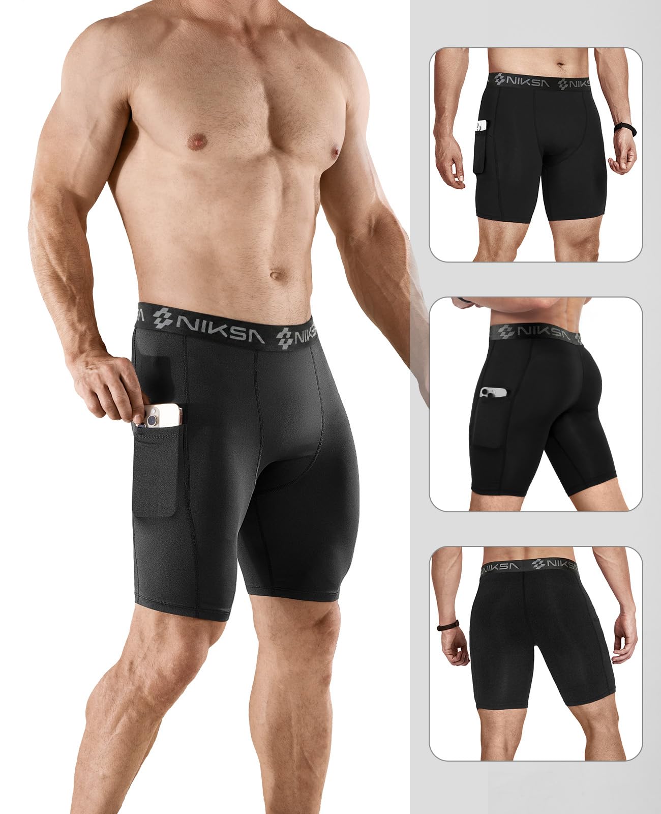 4 Pack Compression Shorts Men with Pocket, Spandex Running Shorts Sport Athletic Workout Performance Underwear