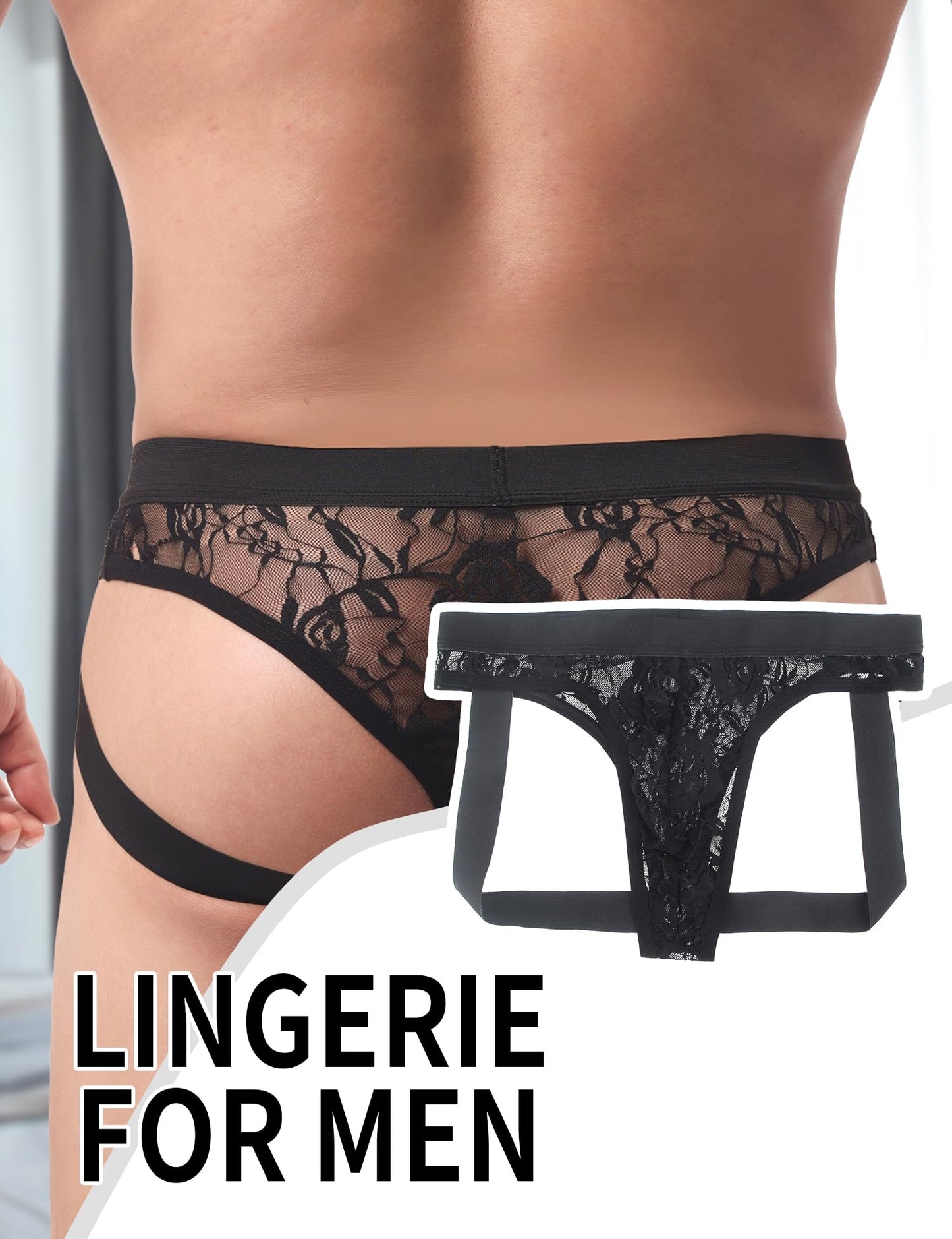 comeondear Mens Black Lace Jockstrap Sexy Underwear with 3D Pouch Elastic Thong G Strings Sheer Jock Straps for Men See Through Panties