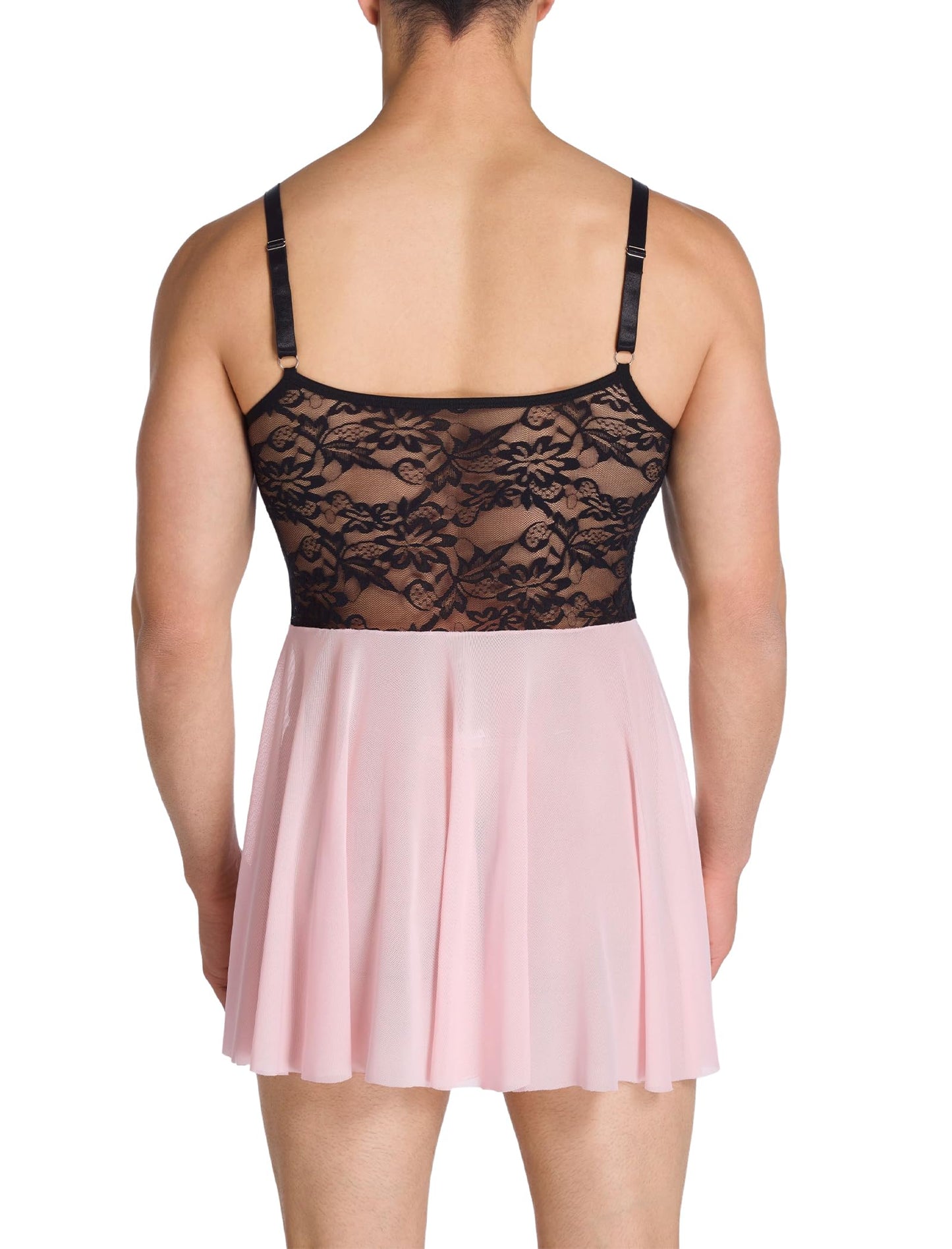 ABAFIP Men‘s Lace Babydoll Dress Sheer See Through Crossdresser Lingerie Mesh Nightgown Femboy Outfit Light Pink Medium