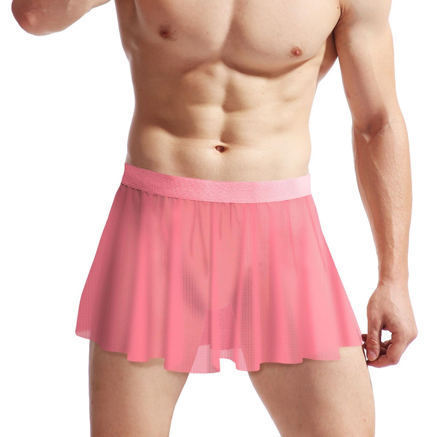 Mens Mesh Sissy Skirt Crossdressers Sexy See Through Skirts Underwear Nightclub Party Cosplay Costume (Pink)