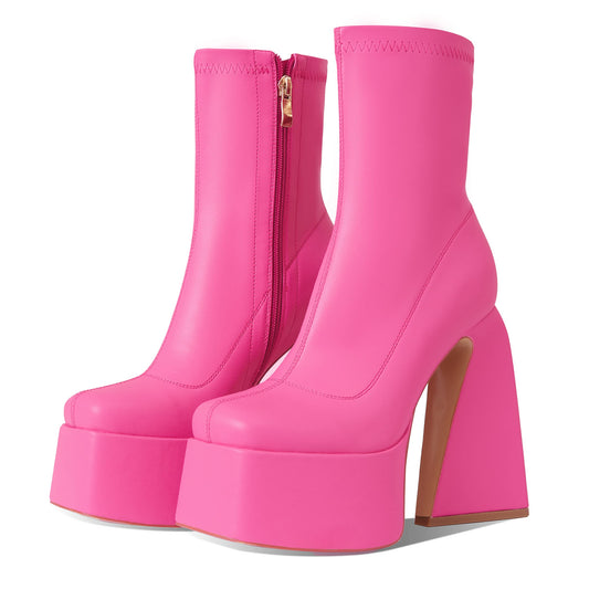 White Platform Boots for Women Ankle Booties Square Toe Chunky High Heel Boots Side Zipper Mid Calf Boots
