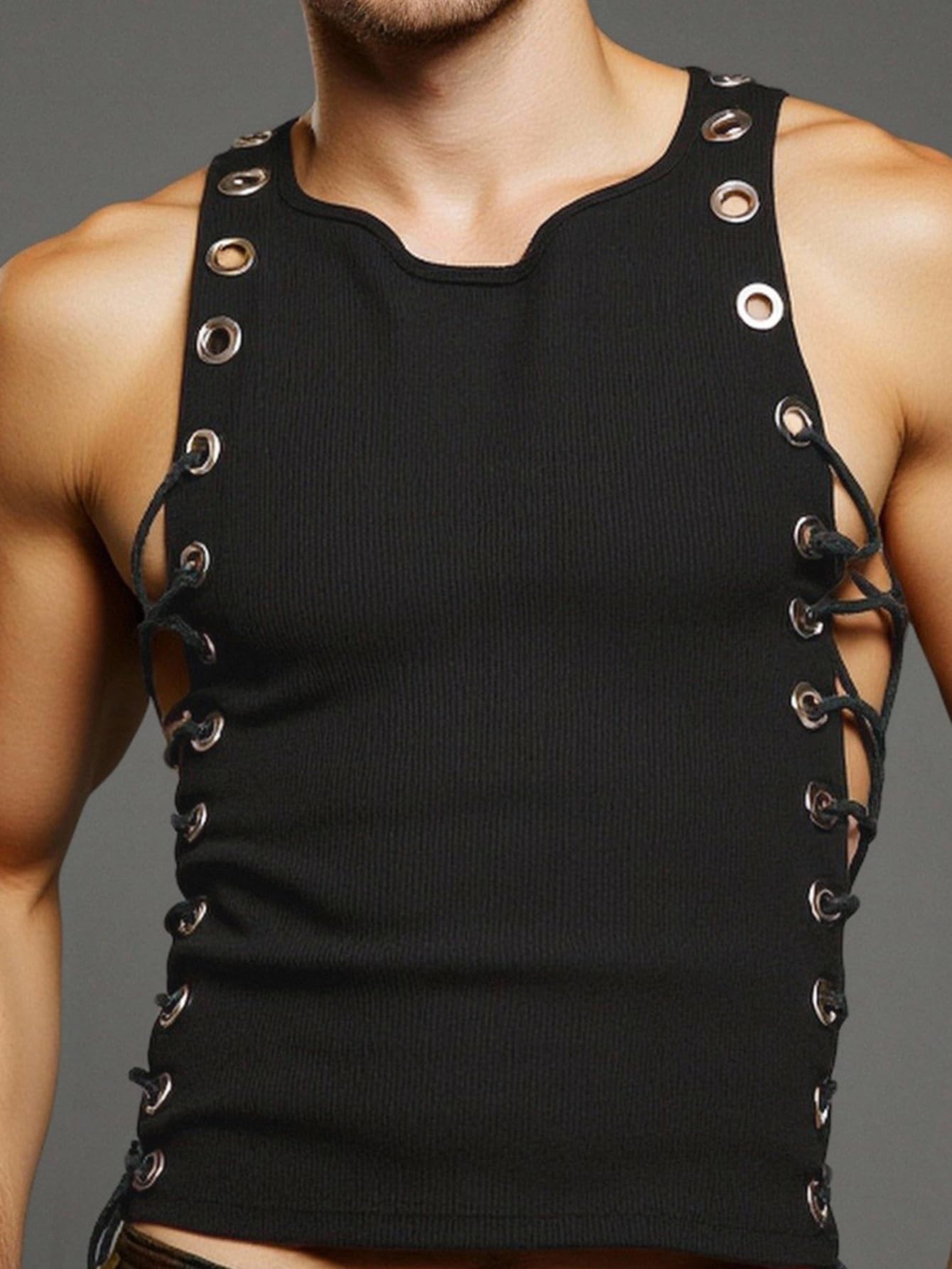 GORGLITTER Men's Grommet Cropped T Shirt Y2K Going Out Lace Up Crew Neck Sleeveless Shirts Party Club Tank Tops Black Large