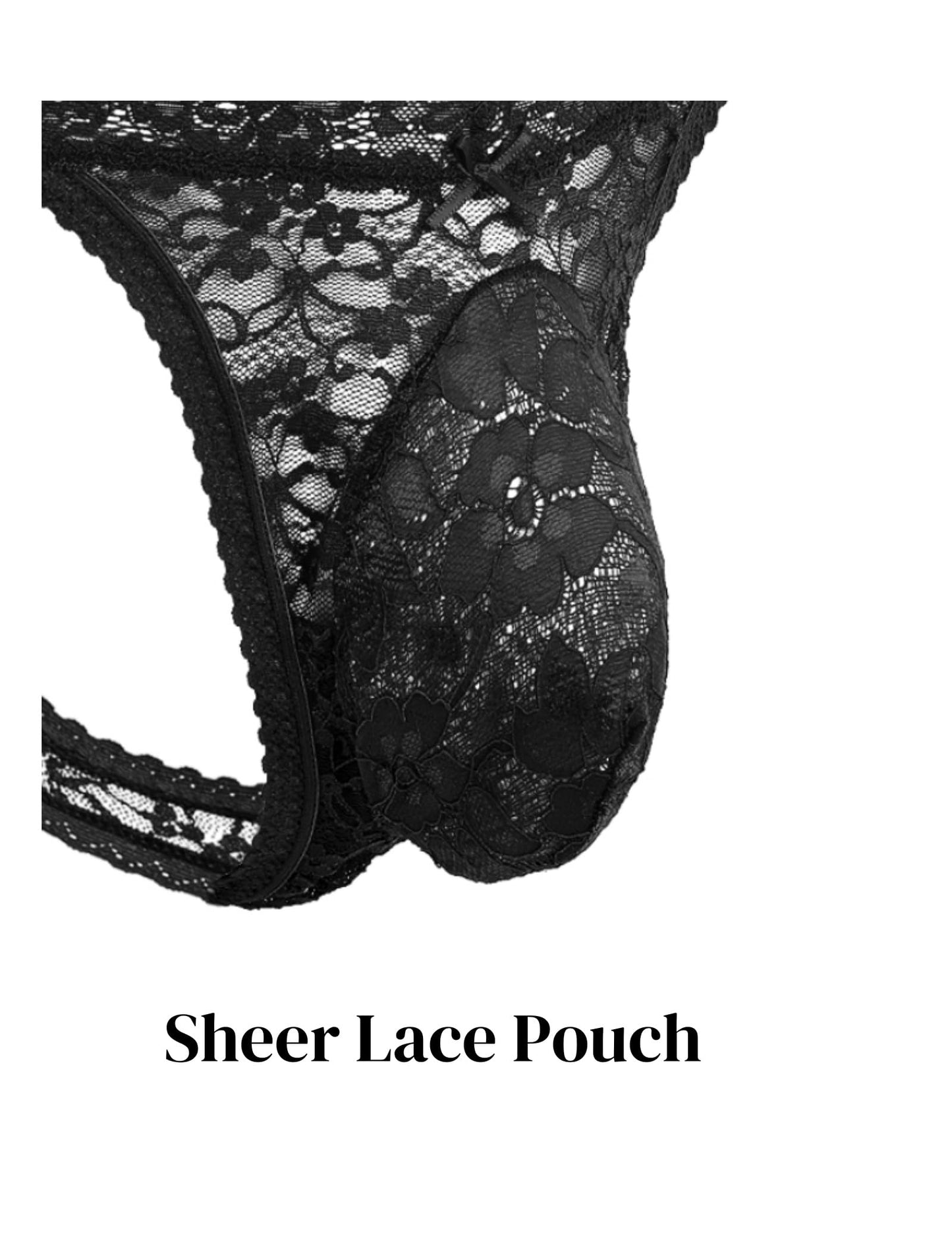 Men's Lace Frilly Sissy Thong Panties Sheer Mesh Bikini Briefs T-back G-string Underwear Black Large