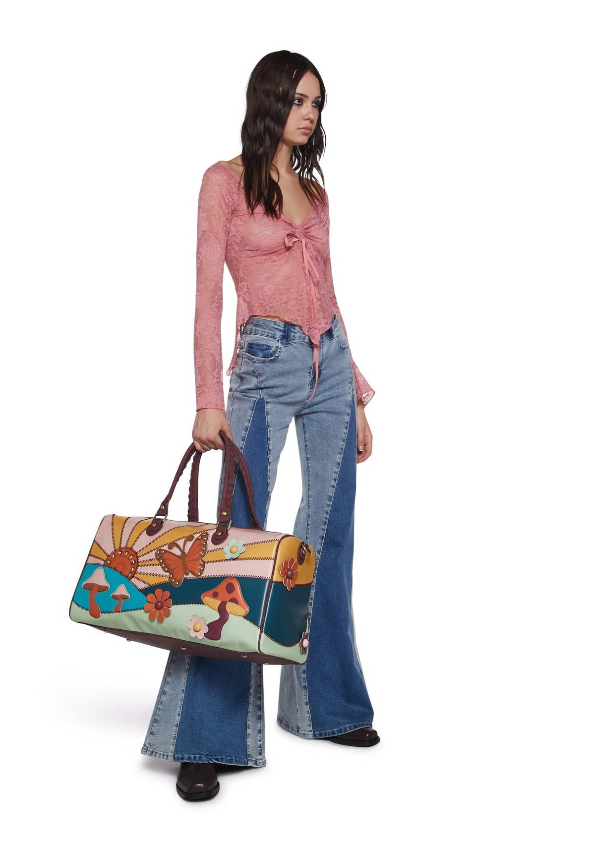 Dolls Kill Walking On Sunshine Weekender Bag by Current Mood – Vegan Leather Duffle with Sunset Mushroom Print & Embroidered Details, One Size