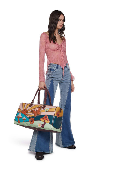 Dolls Kill Walking On Sunshine Weekender Bag by Current Mood – Vegan Leather Duffle with Sunset Mushroom Print & Embroidered Details, One Size