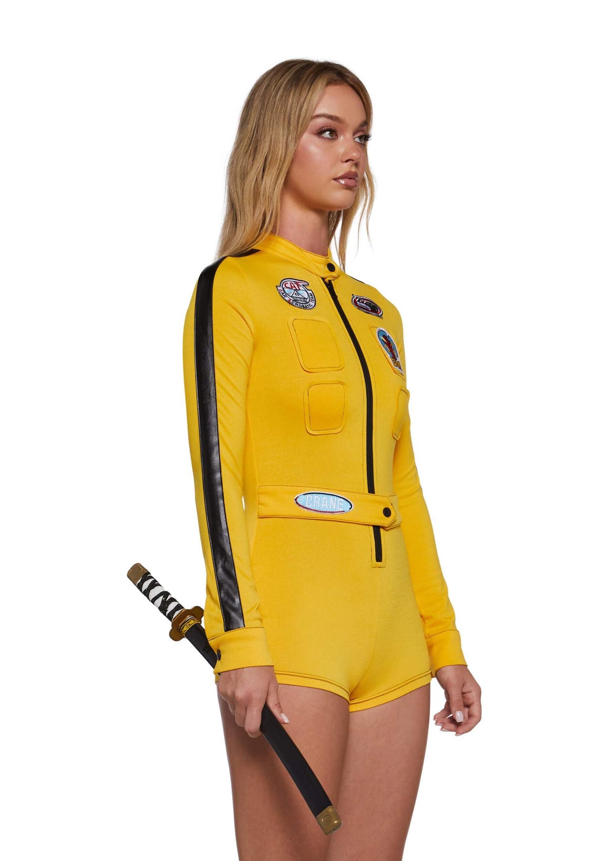 Dolls Kill Revenge Assassin Costume by Trickz N’ Treatz – Women’s Yellow Zip-Up Jumpsuit with Belted Waist & Racing Patches, Small