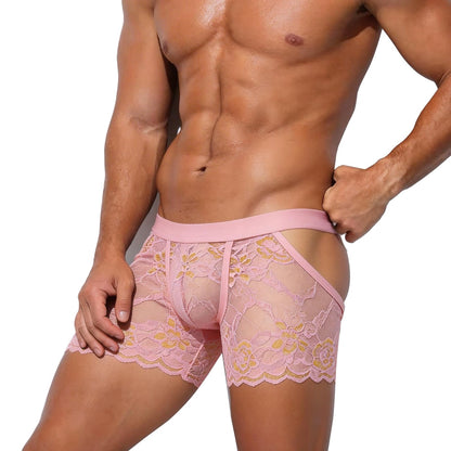 Mens Sexy Boxer Briefs Breathable Lace Underwear (US, Alpha, One Size, Regular, Regular, Pink)