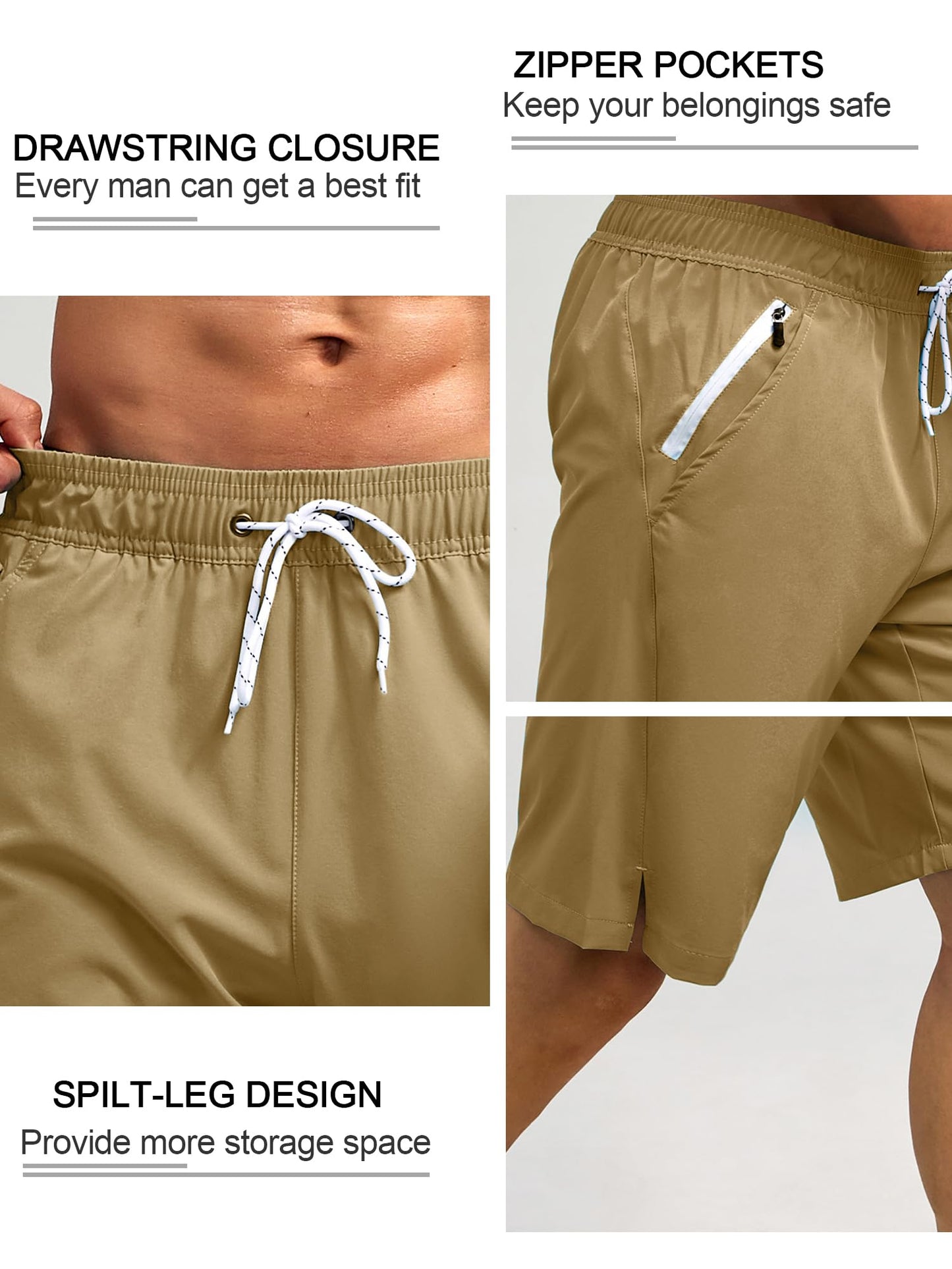 SILKWORLD Quick Dry 9" Mens Swimming Trunks with Zip Pockets Side-Slit Athletic Shorts Compression Lined Swimsuit,Khaki,X-Large