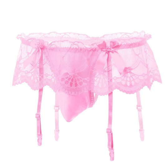 Men Lingerie Frilly Skirted Sissy Thongs Panties Low Waist G-string Garter Belt Crossdressing Underpants Lace Underwear Pink One Size