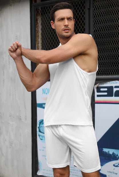 TURETRENDY Men's Tracksuit 2 Piece Sleeveless Hooded Workout Tank Top and Shorts Casual Athletic Sports Hoodie Shorts Set White S