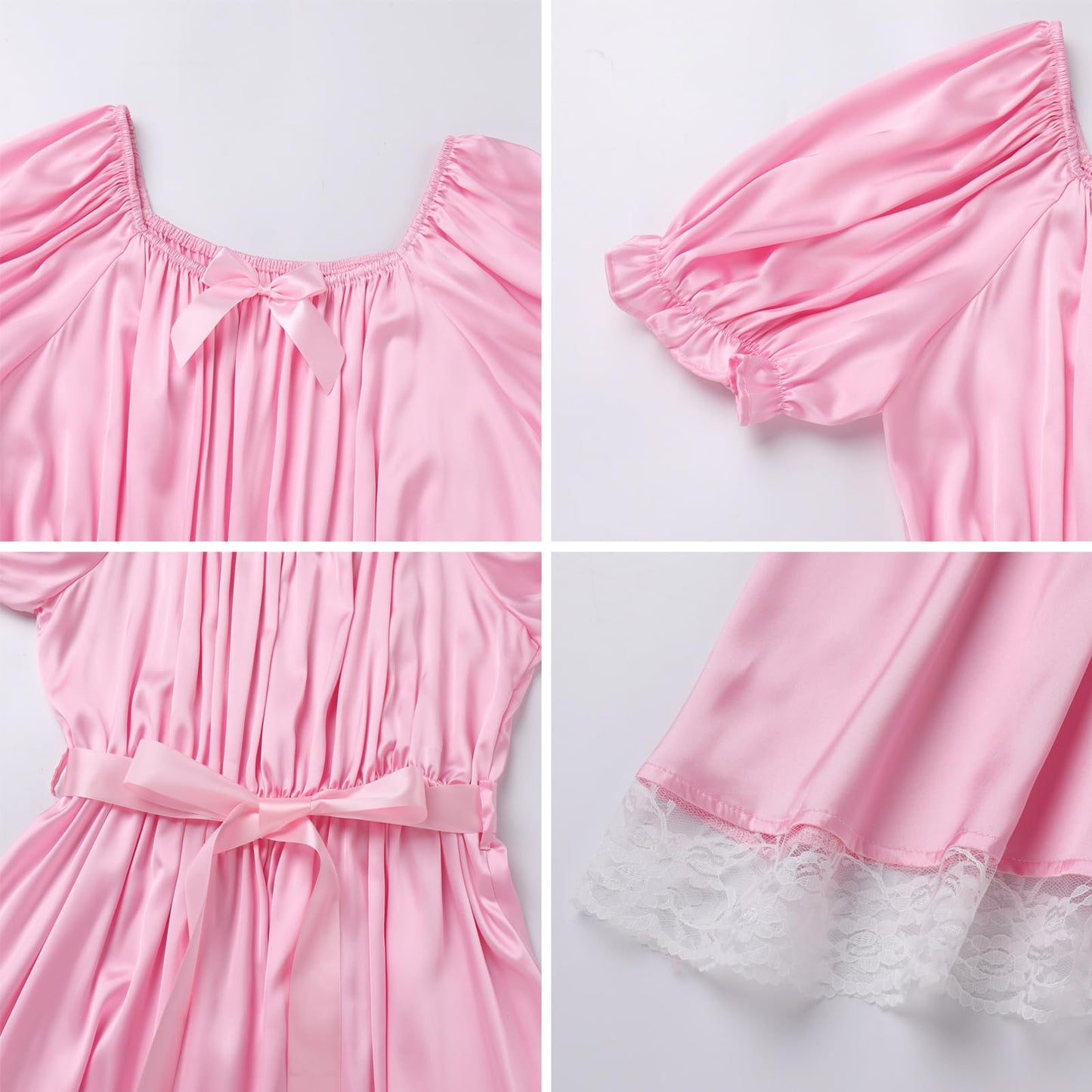 Sissy Mini Nightdress for Men Frilly Ruffle Square Neck Bowknot Lace Trim Satin Ruffle Nightdress Light Pink One Size