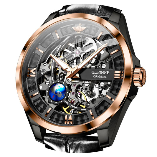OUPINKE Skeleton Mens Automatic Watches Mechanical Luxury Dress Leather Self Winding Waterproof 50M/5ATM Luminous Watches for Men