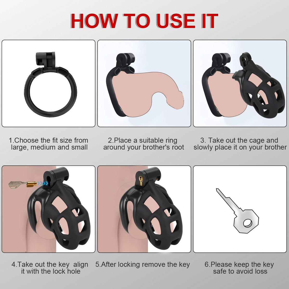 Male Chastity Cage Sex Toys with Elastic Belt Invisible Lock & 4 Ball Rings