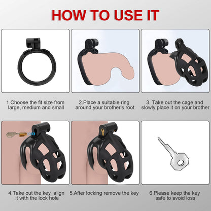 Male Chastity Cage Sex Toys with Elastic Belt Invisible Lock & 4 Ball Rings