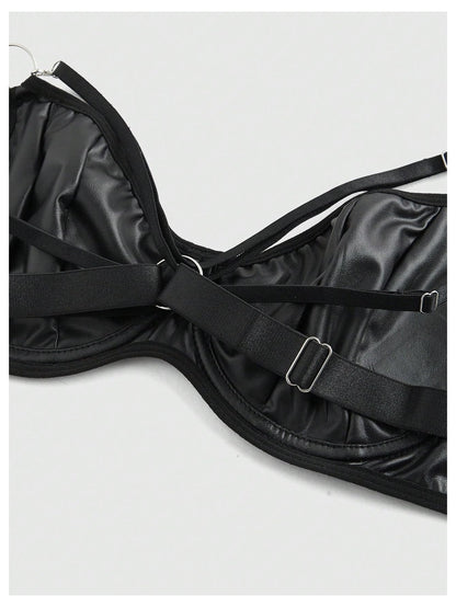 BDSM Women's Leather Bra Cut Out Push Up Underwire Bras