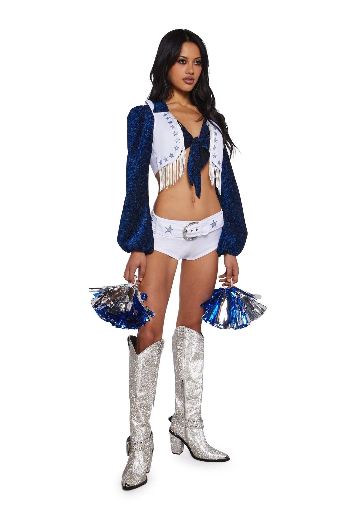 Dolls Kill Lone Star Cheerleader Costume Set by Trickz N' Treatz – Crop Top, Shorts, Vest, Pom-Poms, and Hair Clip – Blue, XX-Small