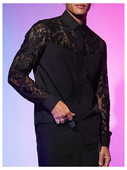WDIRARA Men's Floral Lace Button Down Shirt See Through Long Sleeve Collared Top Sexy Clubwear Black Large