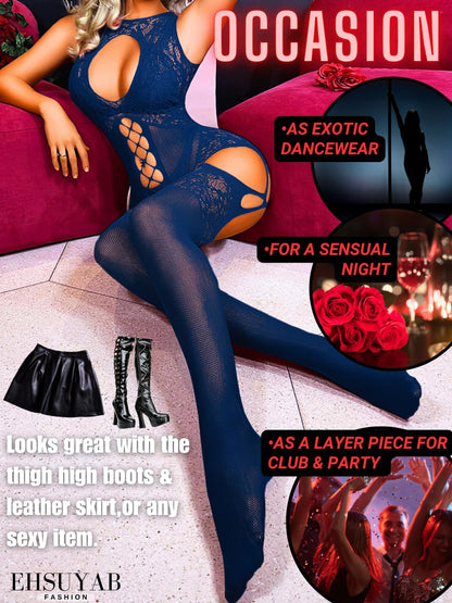 Women Body Stockings Sexy, Exotic Dancer Fishnets Lingerie Glow Party, Fishnet Bodysuit Rave Outfits Club Plus Size Navy Blue