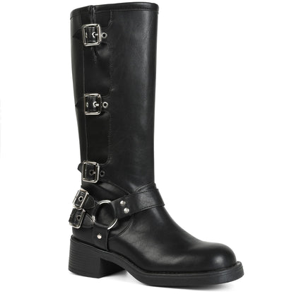Black boots for women knee high Moto Buckle Tall Boots Size 8.5
