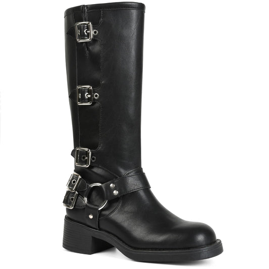 Black boots for women knee high Moto Buckle Tall Boots Size 8.5