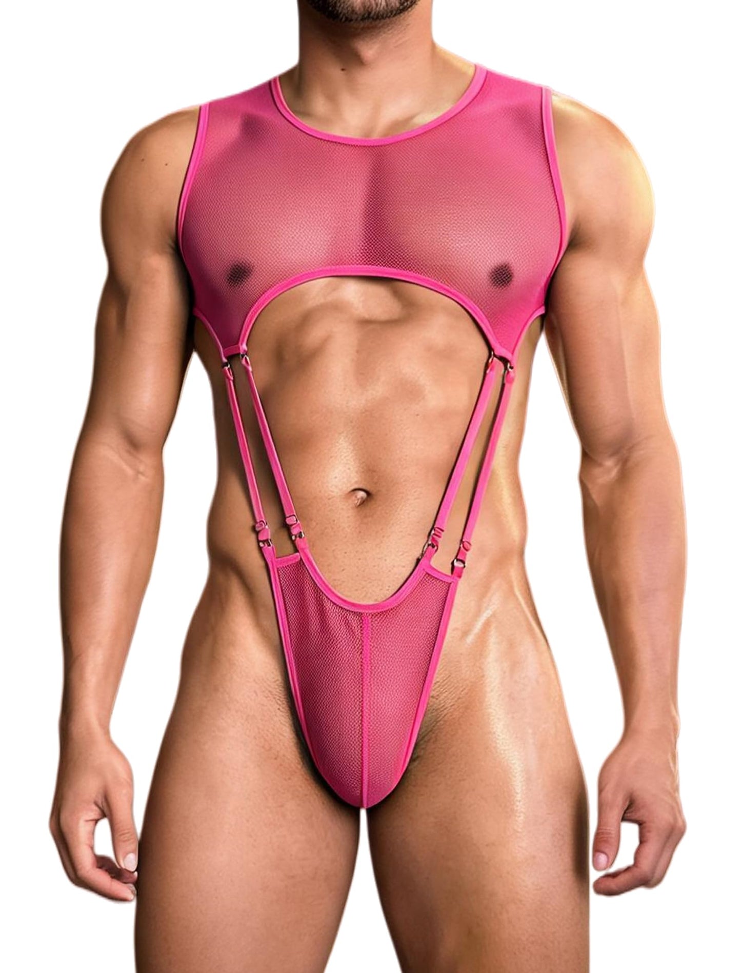 Men Sexy Lingerie High Cut Fishnet Bodysuit One Piece Lingerie Top Club Rave Outfits Rose Red S
