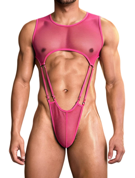 Men Sexy Lingerie High Cut Fishnet Bodysuit One Piece Lingerie Top Club Rave Outfits Rose Red S