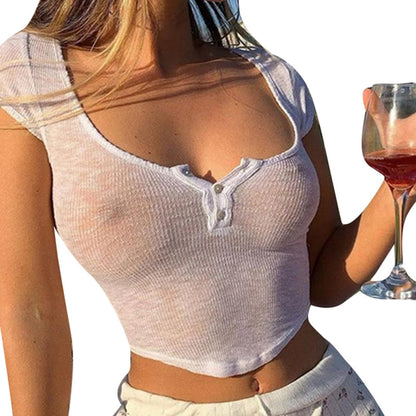 Women's Sexy See-Through T-Shirt Tops Y2k Short Sleeve Low Cut Baby Tee Sheer Summer Cropped Shirt (White, L)