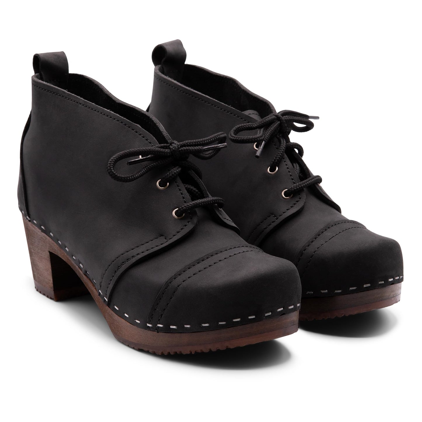 Sandgrens Handmade Swedish Wood Clogs for Women, High Heel Boots US 7 | Chukka Cap Toe Black DK, EU 38