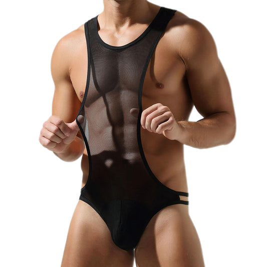 JOCKMAIL Men's Sexy Leotard Bodysuit Thong Hanging Neck Integrated Jumpsuit Underwear Thong Underwear Swimsuit Swimwear (Black, M)