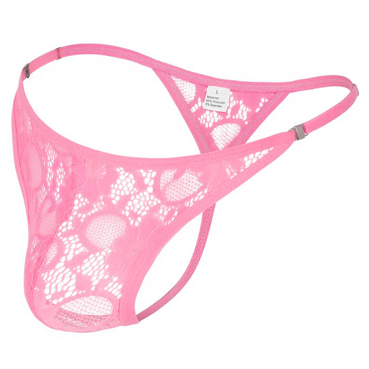Mens Lace Thong Sexy Low Rise T-back G-string with Adjustable Stretch Waistband Comfortable Men's Thong Underwear Pink