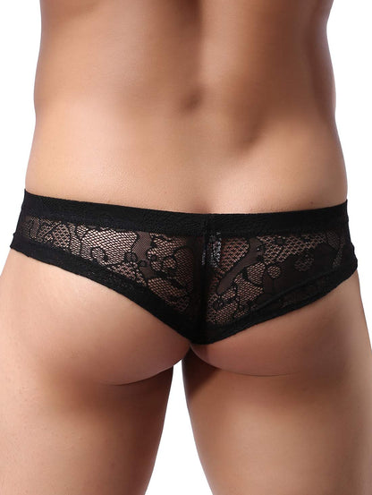 iKingsky Men's Cheeky Boxer Briefs Sexy Thong Underwear Breathable Lace Mens Panties (Small, 2 Pack-B)