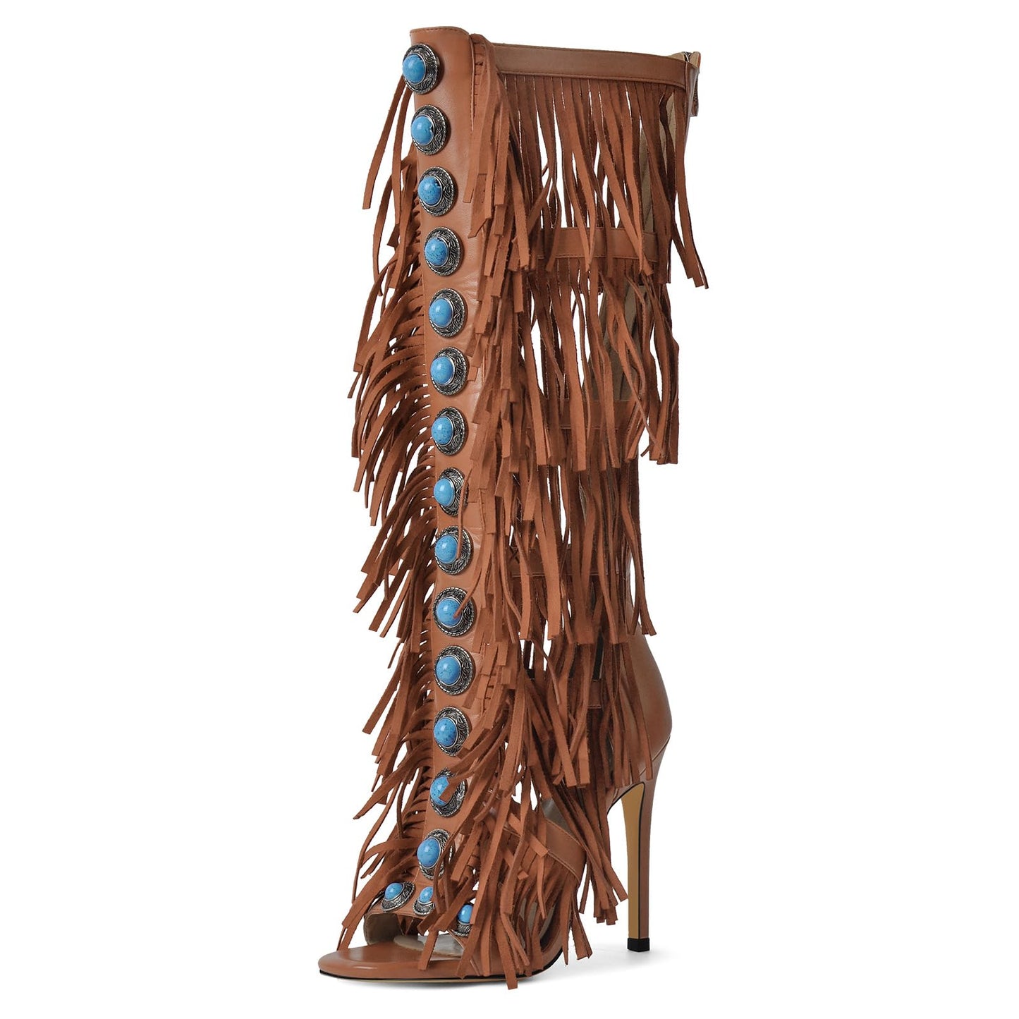Richealnana Women's Fringe Studded Jewel Zipper Open Toe Knee High Sandals Stilettos Tassel Shoes For Party Prom Brown US 9