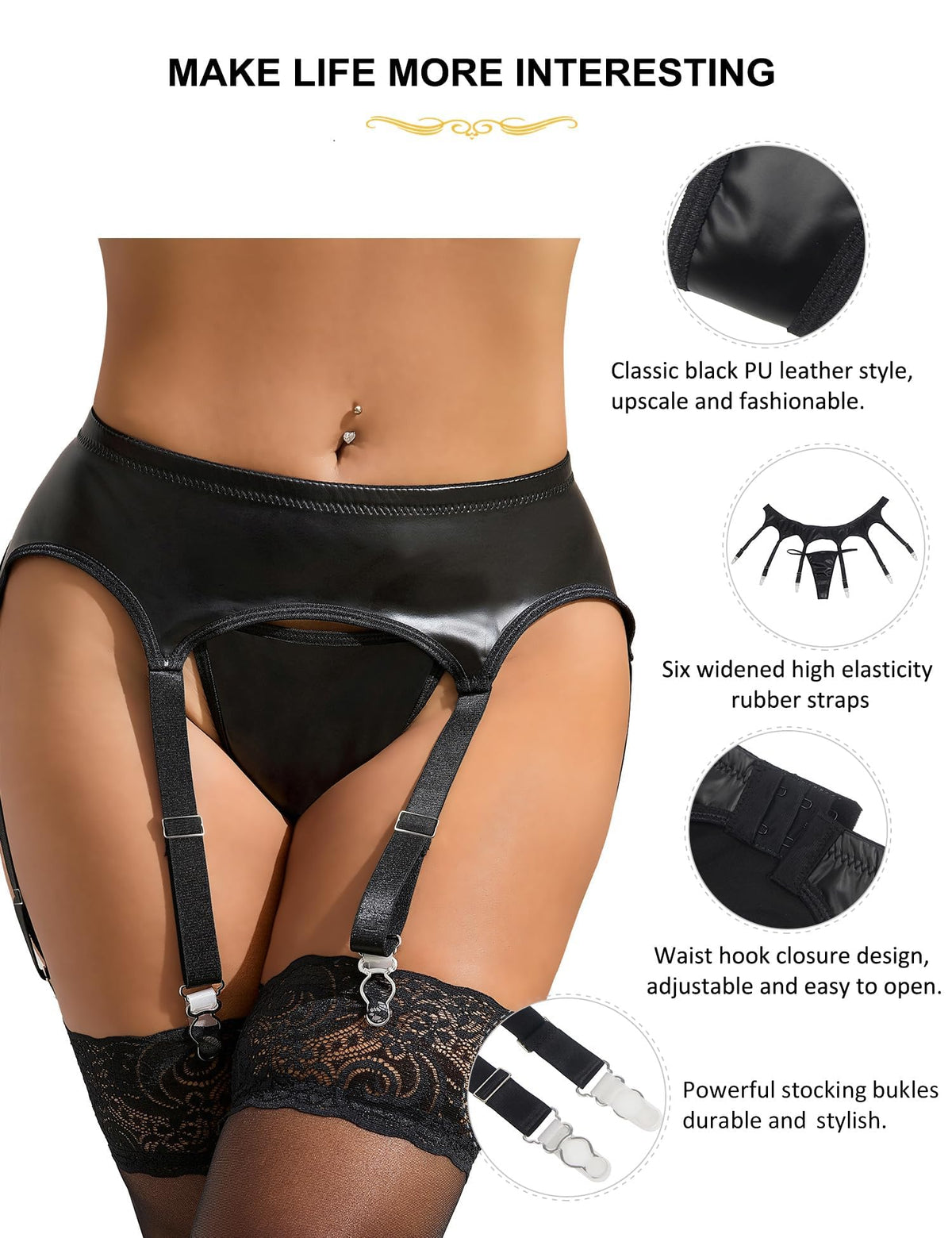Black Faux Leather Garter Belts for Thigh Highs Stockings, S-XXXL