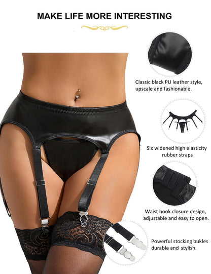 Black Faux Leather Garter Belts for Thigh Highs Stockings, S-XXXL