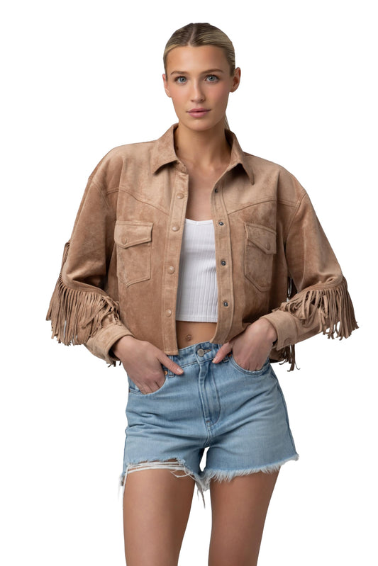 [BLANKNYC] WOMEN'S FAUX SUEDE FRINGE JACKET, MAPLE SUGAR, MEDIUM