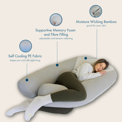 Plufl Hugl Cooling Body Pillow for Adults, U Shaped Pregnancy Pillow, Grey