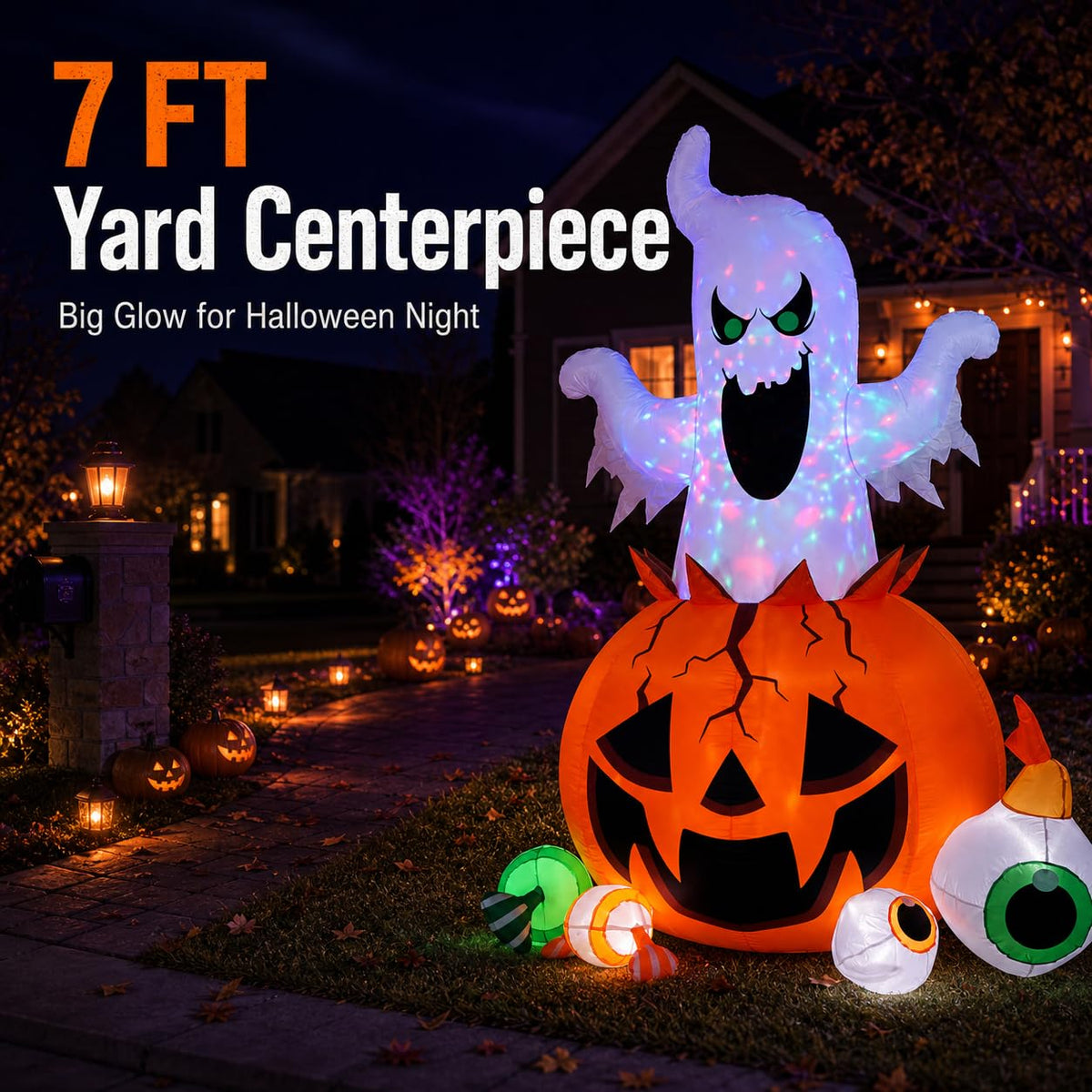 Halloween Inflatable Ghost Pumpkin with Colorful LED Lights Yard Decor