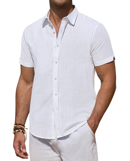 DEMEANOR White Linen Shirts for Men Short Sleeve Button Down Shirts Summer Beach Casual Linen Button Up Shirt Vacation