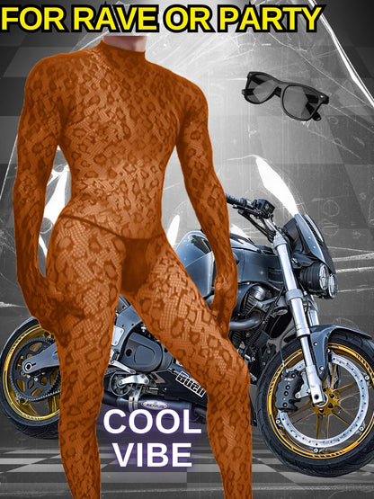 Rave Outfits For Men, Festival Party Clubwear, Leopard One Piece Full Lace Jumpsuit, Sexy Lingerie Costume Bodysuit One Size Brown