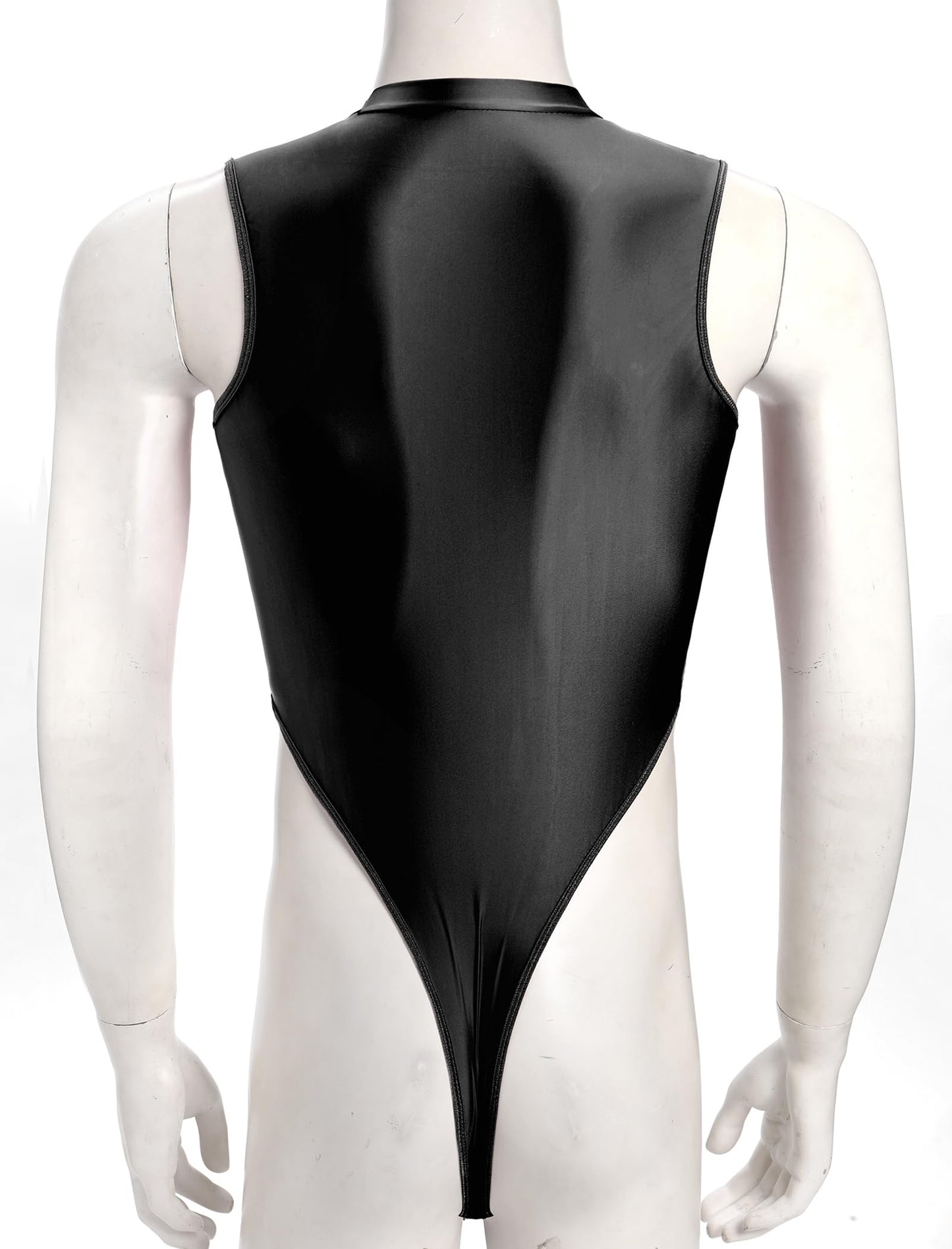Men's Mesh Sheer Bodysuit Mock Neck Spliced Sleeveless High Cut Thong Leotard Singlet Underpants Black One Size