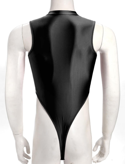 Men's Mesh Sheer Bodysuit Mock Neck Spliced Sleeveless High Cut Thong Leotard Singlet Underpants Black One Size