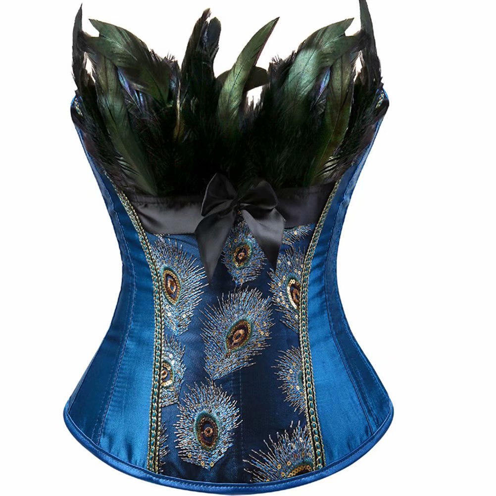 Jutrisujo Corset Top for Women Lingerie Bustier Plus Size Embroidery Peacock Feather Halloween Blue M