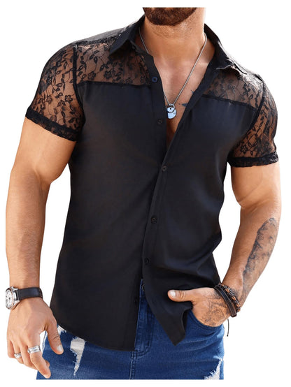 WDIRARA Men's Lace Mesh Button Down Shirts Short Sleeve Collared Party Shirt Summer Tops Black Large