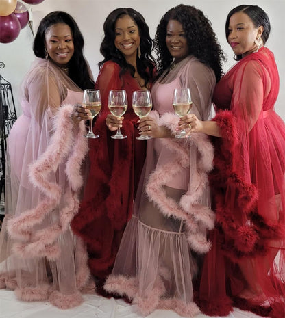 Sissy - Sexy Feather Robes Long Fany Fur Tulle Lingerie Bridal Robe Sheer Maternity Photoshoot Dress Bathrobe Sleepwear Nightgown Wedding Scarf Black+Pink S/M