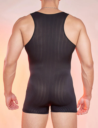 ABAFIP Men's Sexy Lingerie Bodysuit Stripe Mesh See Through Shorts Romper Sheer Underwear Black Medium