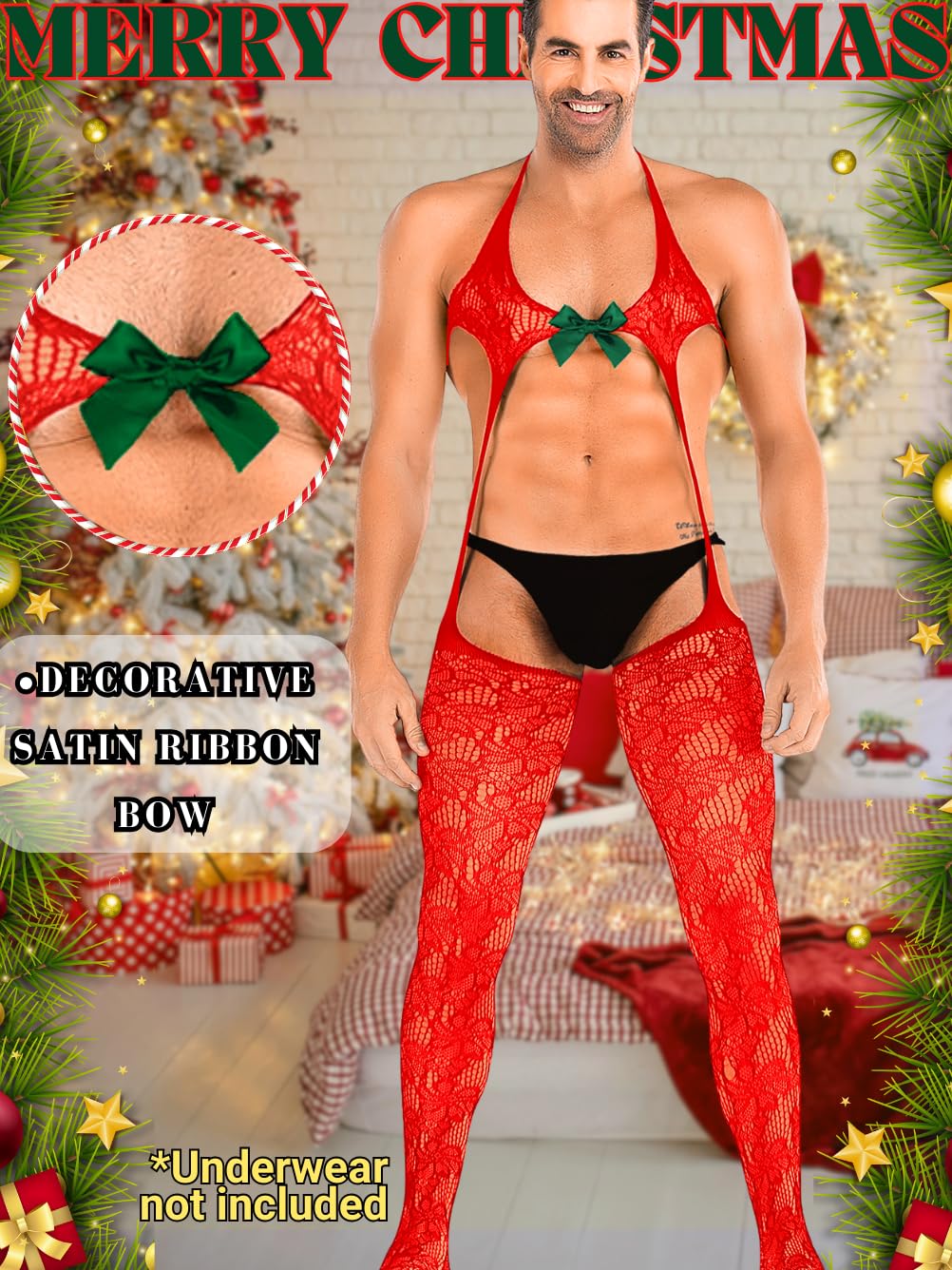 Sexy Valentines Lingerie for Men, Mens Outfit, One Piece Set for Man Male, Party Club Date Night Valentine's,One Size Fits All Red Dark Green Bow