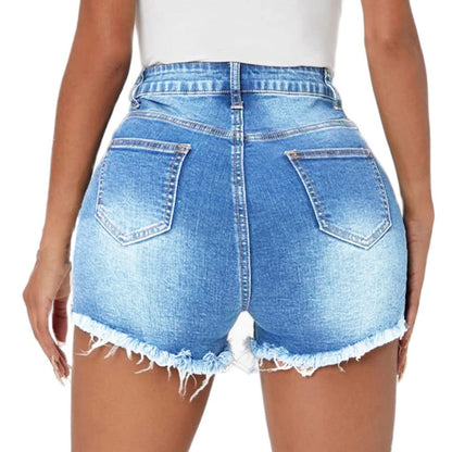 Tunlaud Women High Waisted Ripped Stretchy Hot Jeans Shorts Summer Distressed Frayed Raw Hem Denim Shorts (L, Light Blue)