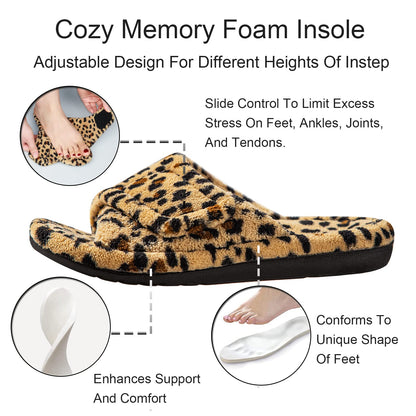 GRITHEIM Women's Orthotic Arch Support Slippers Fuzzy Adjustable Orthopedic Slippers for Plantar Fasciitis Furry Slide for Ladies leopard 9