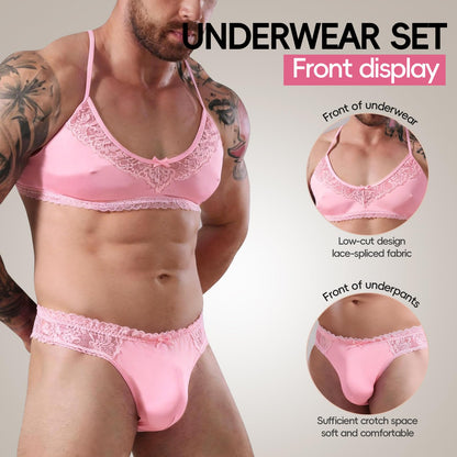 Amorgours Men’s Sissy Lingerie Set Lace Sissy Bra and Thong Underwear Floral Crossdressing Nightwear Gay Brief -Pink-L